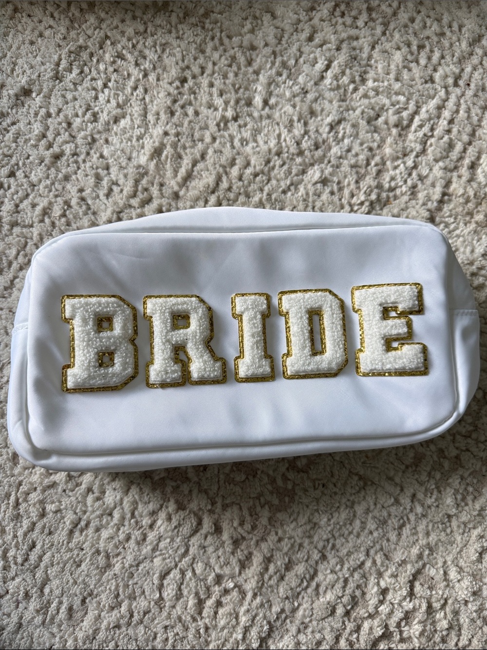 BRIDE Embroidered White Bridal Cosmetic Bag with Gold Trim